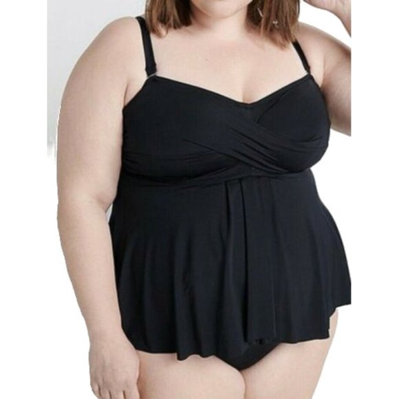 NWOT Womens Plus Size 18 20 Ryllace Black Twist Front Skirted One-Piece Swimsuit - Picture 1 of 2